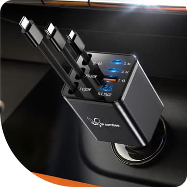 DreamBee Retractable 108W 6-in-1 Super Fast Car Charger with 3 Integrated Cords