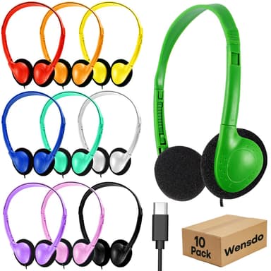 USB C Kids Headphones Bulk for Classroom School 10 Pack, Wired On-Ear Type C Headset for Students Compatible with Chromebook Laptop PC Tablet Smartphones (HY857C, 10 Mixed)