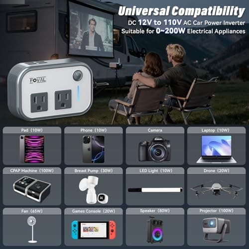 FOVAL 200W Car Power Inverter with 4 USB Ports and Dual AC Outlets