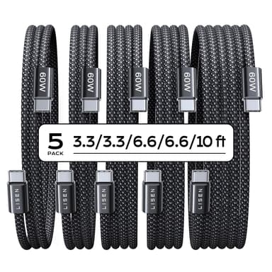 LISEN USB C to USB C Cable 5-Pack – Fast Charging and Durable Braided Cords