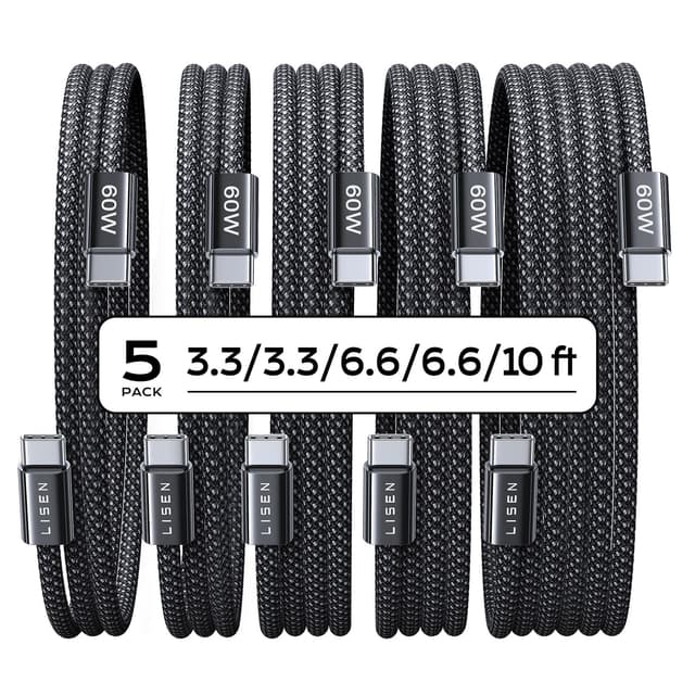 LISEN USB C to USB C Cable 5-Pack – Fast Charging and Durable Braided Cords