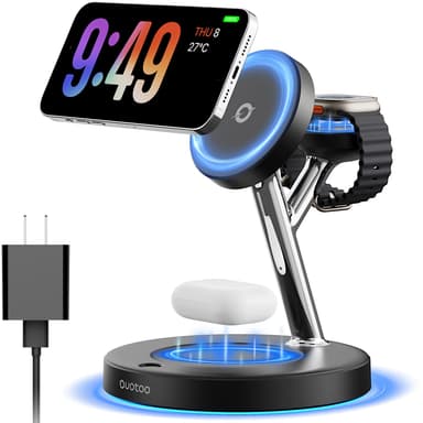 3-in-1 MagSafe Wireless Charger Stand with Adjustable Blue Ambient Light for iPhone, Apple Watch, and AirPods
