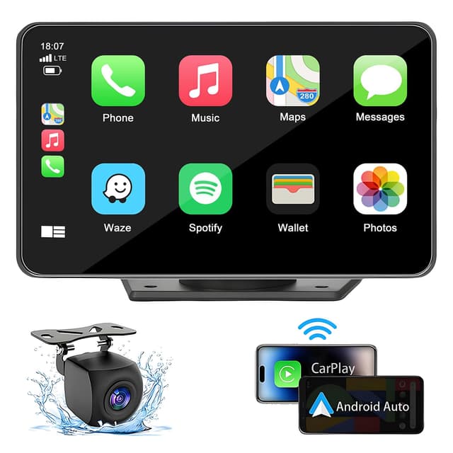 Capapro 7" HD Portable Wireless Carplay & Android Auto Double Din Car Stereo with GPS and Backup Camera