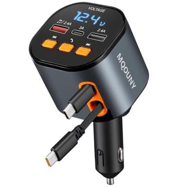 MQOUNY 5-in-1 Retractable Car Charger with Bluetooth 5.3 FM Transmitter and Hands-Free Calling