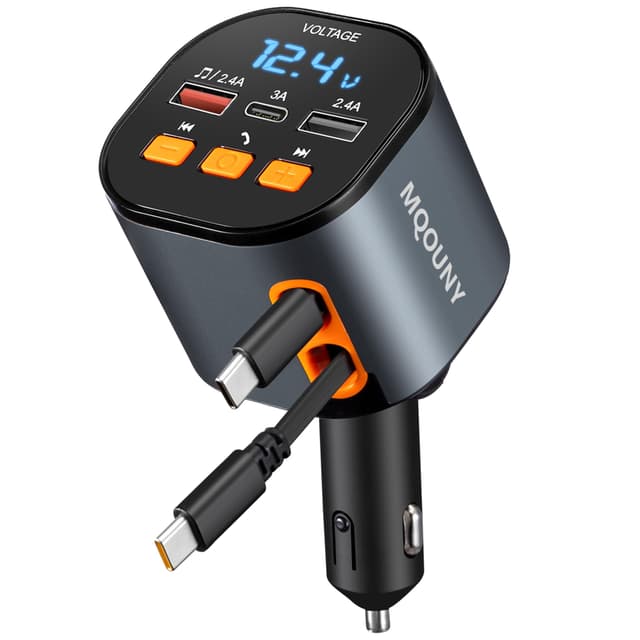 MQOUNY 5-in-1 Retractable Car Charger with Bluetooth 5.3 FM Transmitter and Hands-Free Calling