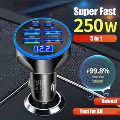 UYUXIO 6-in-1 USB C Car Charger Adapter with Voltage Display and 250W Multi-Port Fast Charging