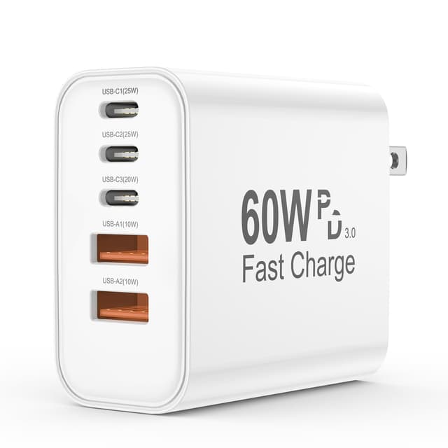 USB C Charger Block 60W 5-in-1 Multiport Fast Charger with PD 3.0 and QC 2A