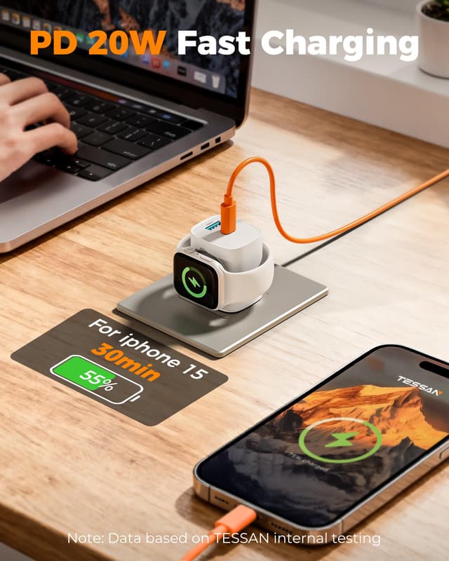 TESSAN 3-in-1 PD 20W USB C Charger Block with Built-in Wireless Apple Watch Charging