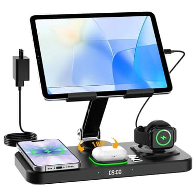 30W Foldable Wireless Charging Station with Clock & Ambient Light for Apple Devices