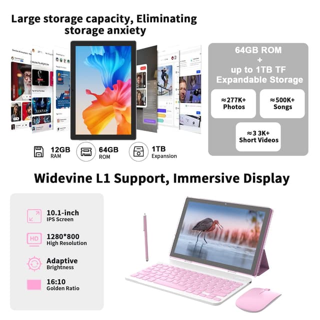 ICONLINK Android 16 Tablet 10 Inch with Keyboard, Mouse, and Stylus - 12GB RAM + 64GB Storage