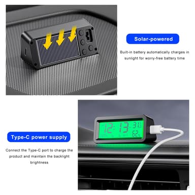 VCYOPN Solar-Powered Car Digital Dashboard Clock with Night Backlight and Multi-Function Display