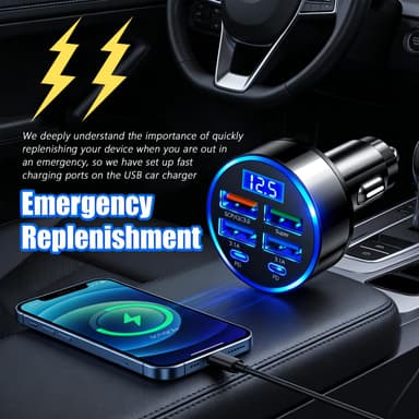 6 Ports Car Cigarette Lighter Adapter with LED Voltage Display and Fast Charging