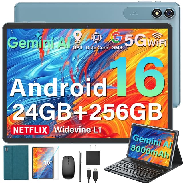 2026 Upgraded Android 16 10-Inch Tablet with Keyboard, 24GB RAM, 256GB Storage + 2TB Expandable, Gemini AI, 8000mAh Battery