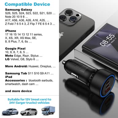Multi 3 Ports Fast Car Charger Adapter with USB-C and USB-A for 12V Vehicles