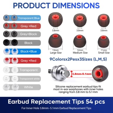 54Pcs Silicone Earbud Replacement Tips - Soft, Comfortable, and Compatible with Most Earphones