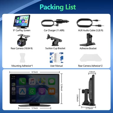 9" Portable Wireless CarPlay Screen with GPS Navigation and Backup Camera
