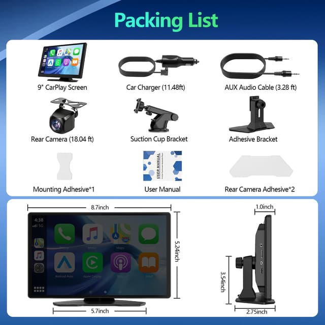 9" Portable Wireless CarPlay Screen with GPS Navigation and Backup Camera
